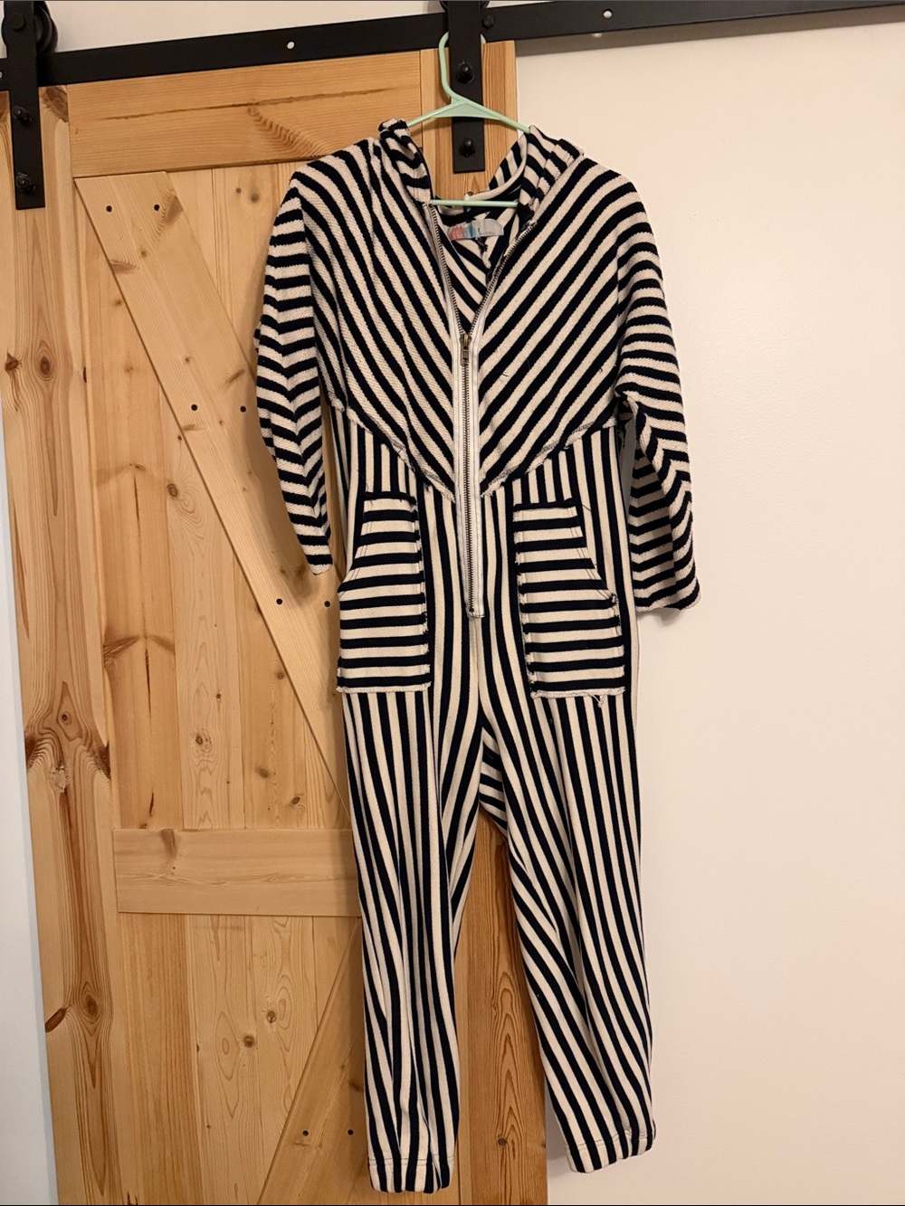 Striped Dark Navy & White Hooded Jumpsuit